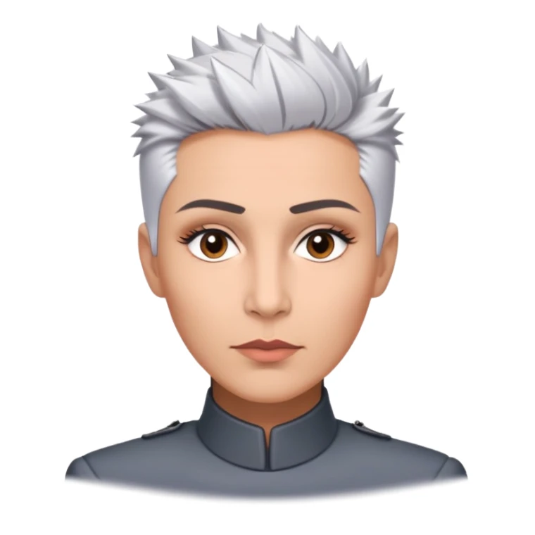 Marian Pabón with elegant facial features, light rosy complexion, expressive made-up eyes, medium well-defined lips, sophisticated pronounced cheekbones, short spiky silver hair styled like a men's cut sticker