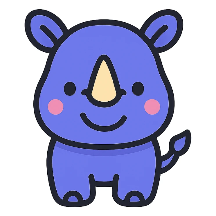 cute cartoon rhinoceros icon, rounded shapes, friendly expression, prominent horn, modern icon style sticker