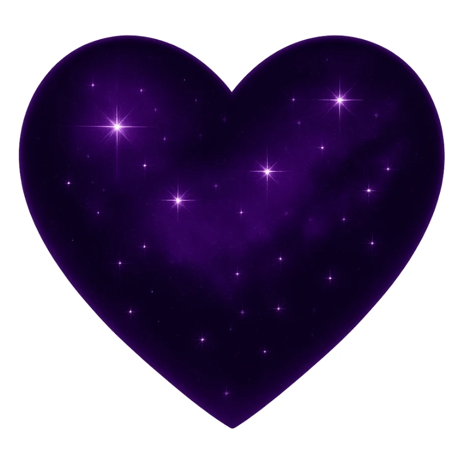 Transform the midnight heart into a purple night theme with deep purple and black colors, glowing effect, and more stars. Remove the background entirely. sticker
