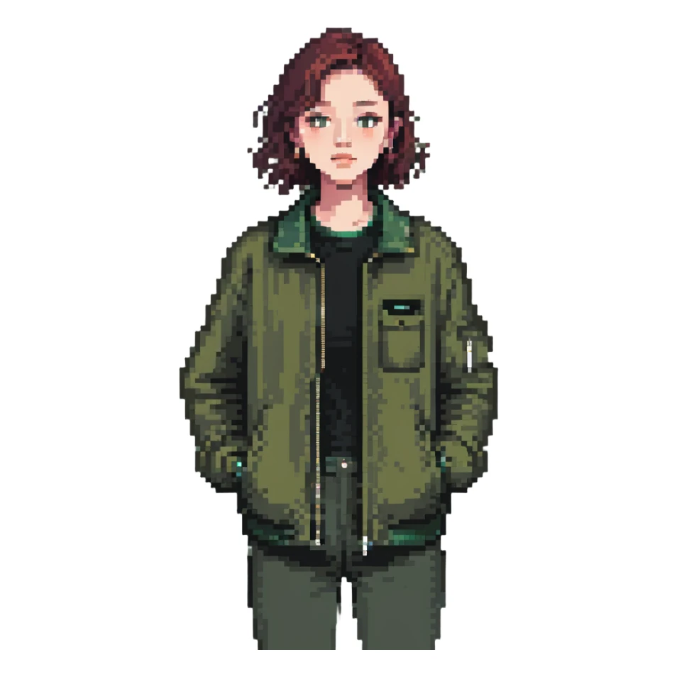 dark olive green jacket over a lighter green top sticker