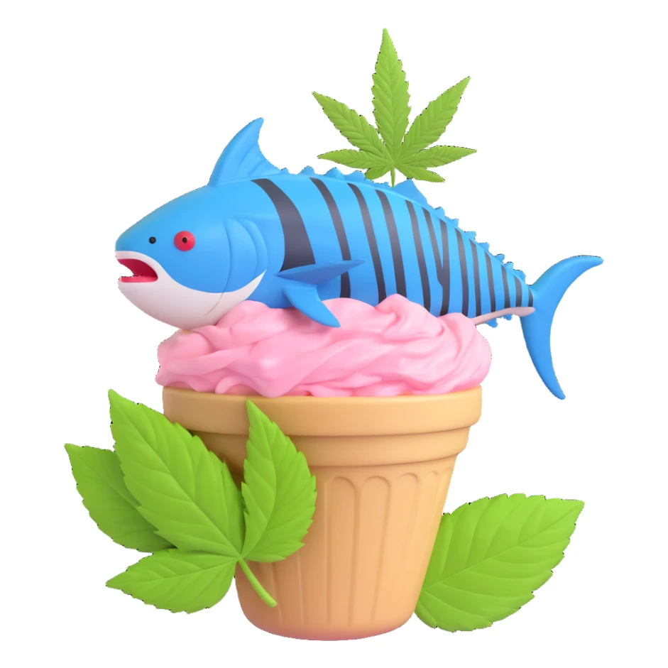 bluefin tuna in a gelato with cannabis leaf sticker