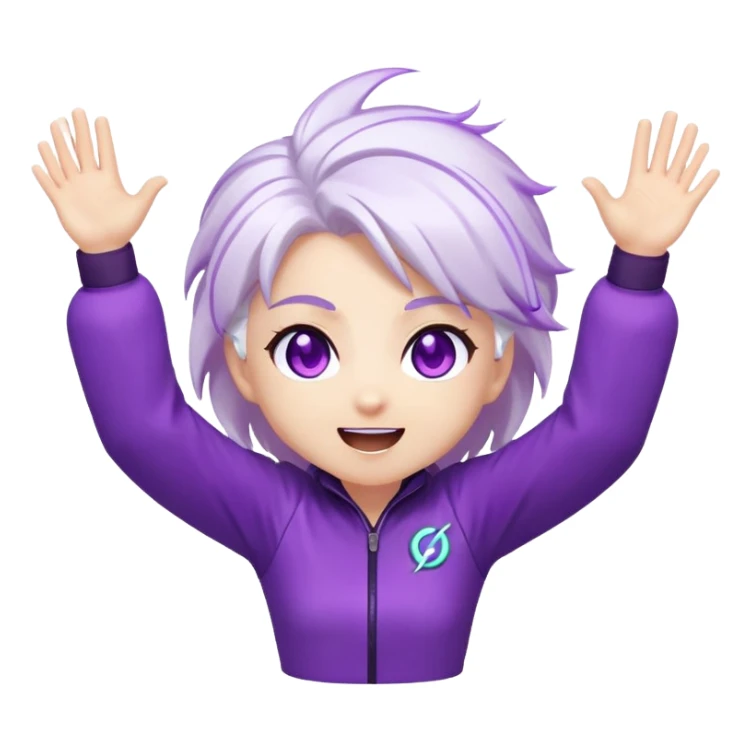 Chibi Sable Ward with excited hype expression, both arms raised high, eyes shining, white hair with purple streaks, fully purple eyes, energy effect around her, extremely excited sticker