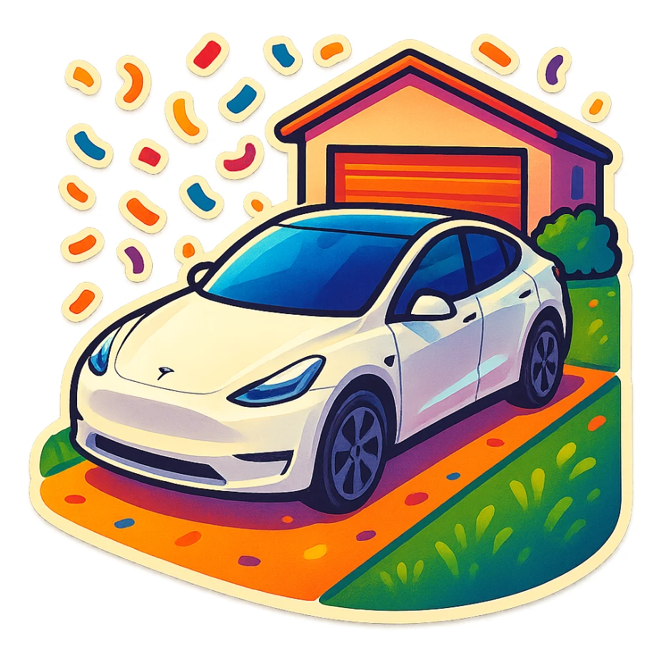 A Tesla Model Y parking in a home driveway with grass on the sides, from above, with confetti sticker