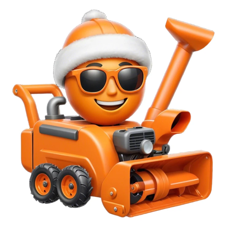 Orange snowblower with face, sunglasses and a smile sticker