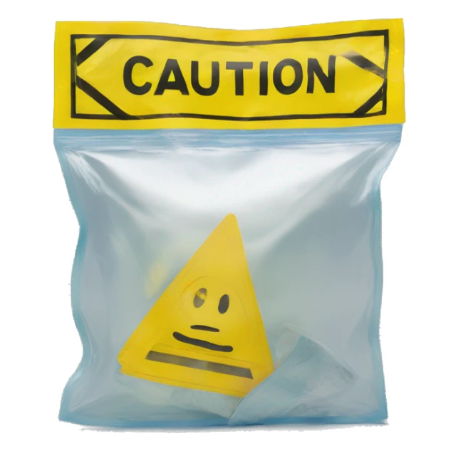 Clear ziploc bag with a yellow caution sign only on the front label sticker