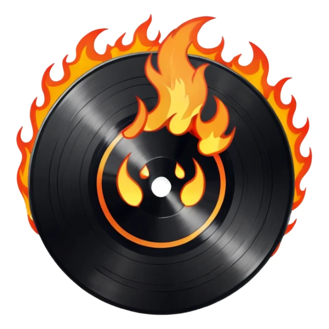 a black vinyl record white sticker and flames  sticker
