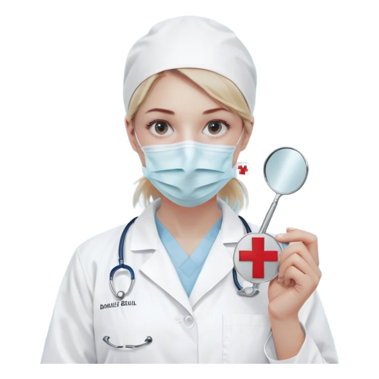 A minimalistic bust of a dentist wearing a white medical coat over a light blue scrub top. A simple white surgical mask covers the lower half of the face, leaving expressive yet simplified eyes visible. A small red cross emblem is subtly placed on the coat. The dentist holds a tiny, minimalistic dental mirror or tool in one hand. Behind the figure, a subtle abstract symbol, like a tooth icon or a heartbeat line, reinforces the dental theme. The design is sleek and modern, with smooth lines and soft shading, following a minimalist emoji style. sticker