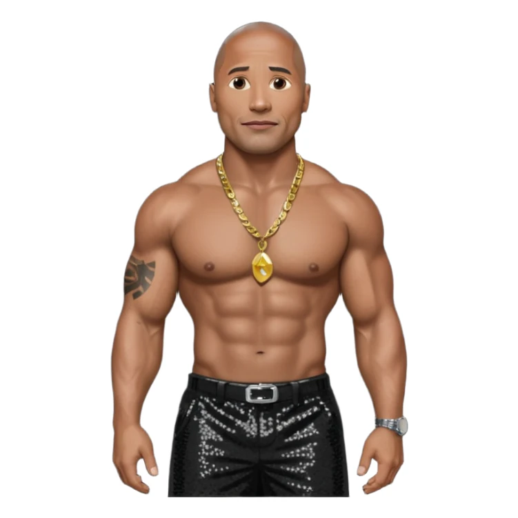 Dwayne Johnson with black sequin baggy pants, shirtless with necklace, dark brown hair sticker