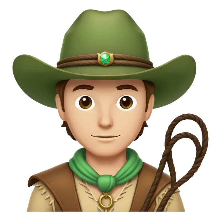 Cowboy character wearing a green hat with a lasso sticker