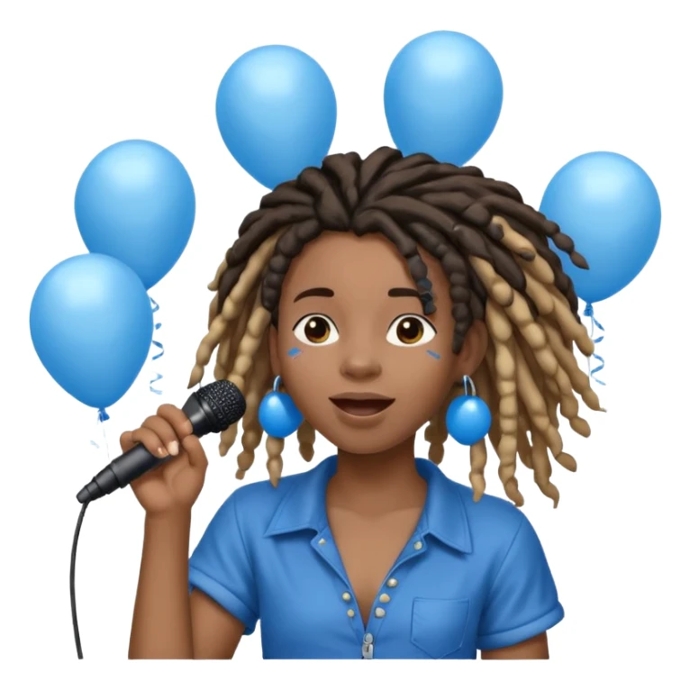 Black girl Stud with dreadlocks singing 1,2,3 release em with white and blue balloons flying overhead emoji like with mic in hand  sticker