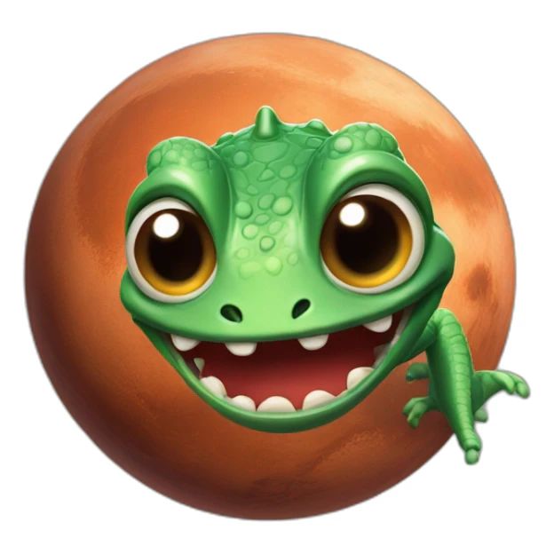 planet Mars with a cartoon grinning lizard face with big eyes sticker