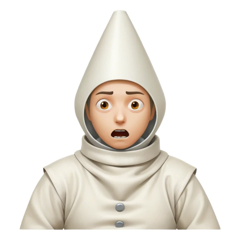 A person wearing a straitjacket and a cone-shaped funnel on their head, with a wild, crazy expression, embodying a chaotic and eccentric appearance sticker