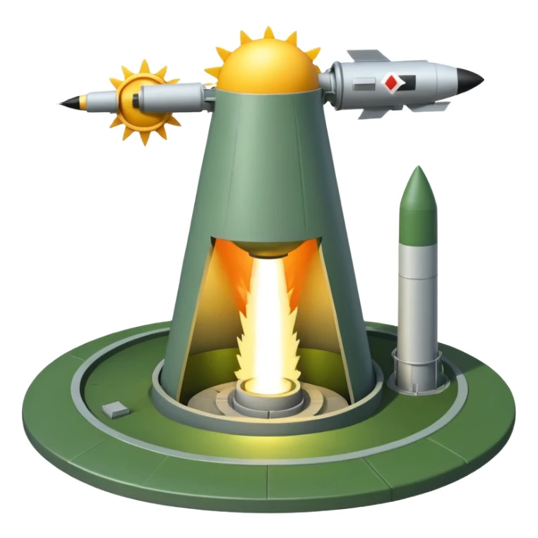 green landscape with sun in top of the background, there is a greynmissile silo hatch open, and the top two thirds of a white nuclear missile launching out of the silo is shown sticker