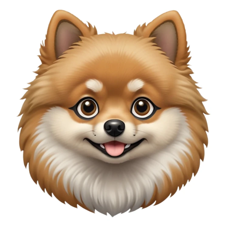 fluffy black and tan Pomeranian dog face, large round dark eyes, small black button nose, soft tan muzzle with subtle smile, two tan eyebrow spots, curious and alert expression, thick fluffy ruff of fur blending black, tan, and light gray, upright triangular ears with gray tips, friendly and cute sticker