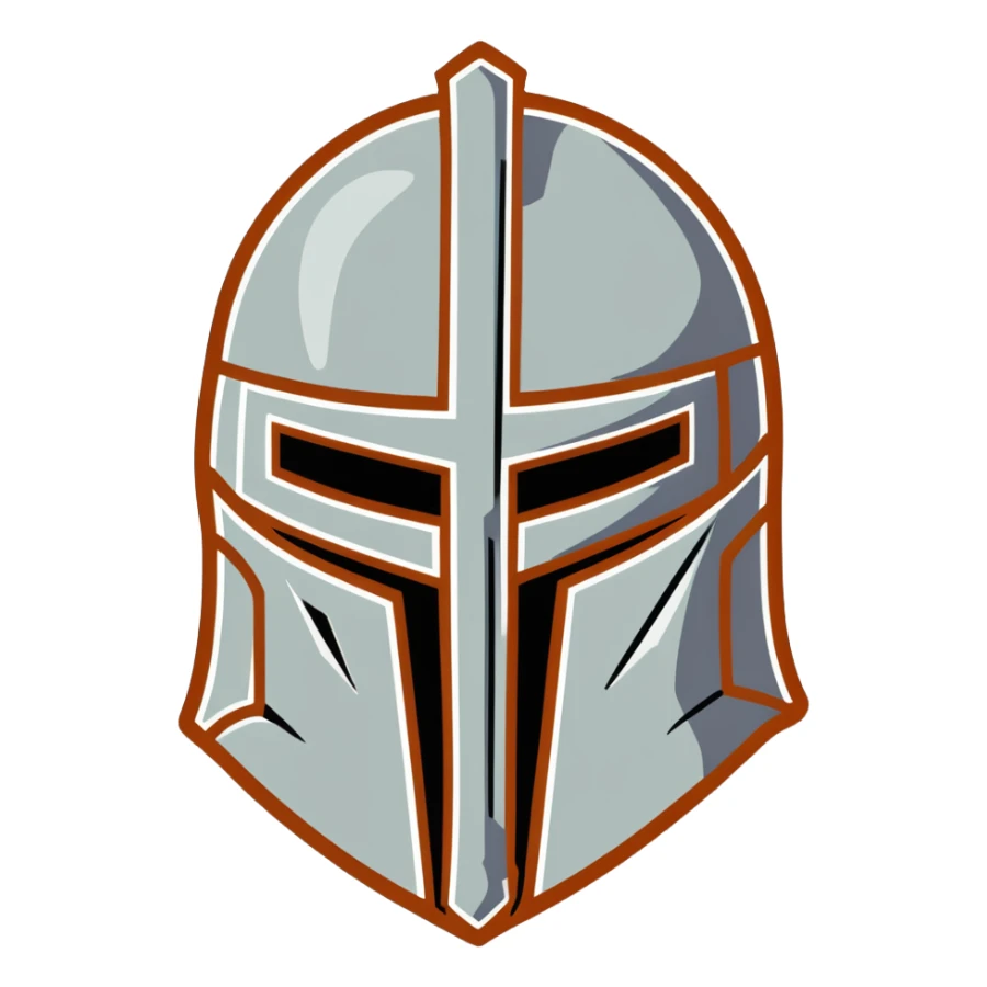 Battle-worn crusader helmet with light rust and historical details sticker