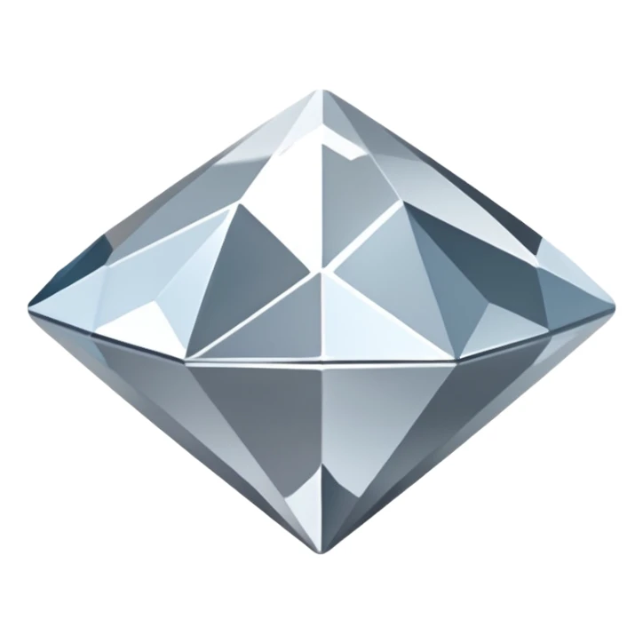 A faceted diamond emoji made of silver chrome, smooth reflective surfaces, soft metallic shine, minimalistic and clean design, iOS emoji style, centered on white background, soft studio lighting sticker