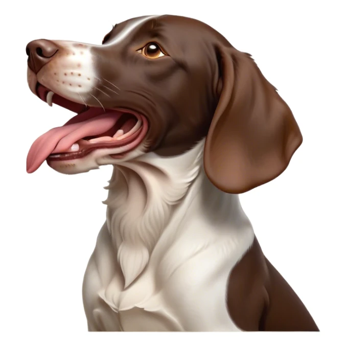 Cinematic Cute Yawning German Pointer Portrait Emoji, Head tilted slightly with a dramatic, wide-open yawn, revealing a sleek liver and white coat with a crisp finish, floppy ears slightly drooping, round brown eyes barely open in drowsy contentment, Simplified yet irresistibly adorable features, highly detailed, glowing with a soft, cozy glow, high shine, relaxed yet expressive, stylized with a touch of whimsy, bright and endearing, soft glowing outline, capturing the essence of a sleepy yet affectionate hunter, so drowsy it feels like it could stretch out of the screen and curl up for a nap! sticker