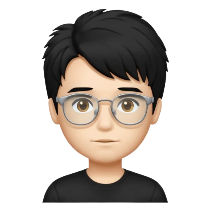 a boy wearing black t-shirt, has fluffy black hair and silver rectangular glasses sticker