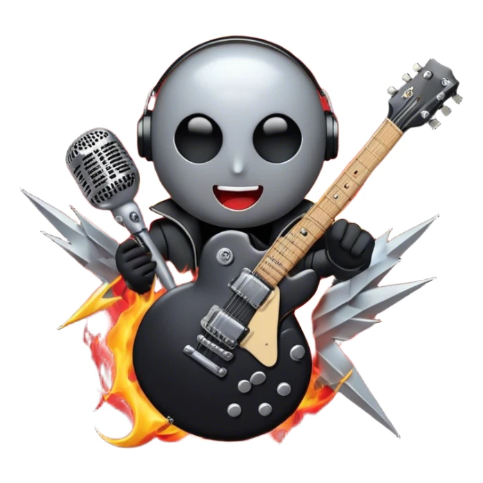 Create a bold and dynamic emoji representing rock vocal performance in a humanless collage. The design should feature a vintage microphone at the center, surrounded by key rock elements like an electric guitar, drumsticks, and a guitar pick. Include symbols of energy, such as lightning bolts or flames, and subtle musical notes or sound waves to evoke the raw power of rock vocals. Use dark, bold colors like black, silver, and red, with hints of chrome or metallic accents to convey the edgy, rebellious spirit of rock music. The background should be transparent. sticker
