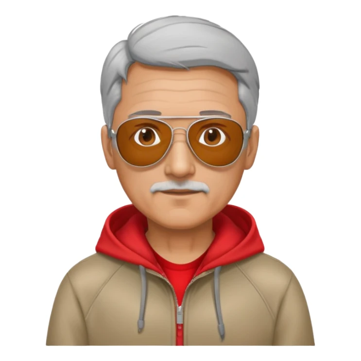 50-year-old man with some grey hair, aviator sunglasses, wearing a red hoodie sticker