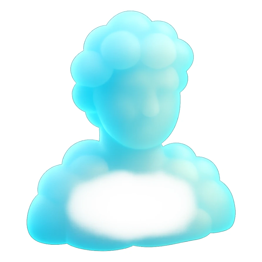 front view shoulder-up person fully made of bright, puffy clouds, face also made of clouds, bright colors, matte glass style sticker