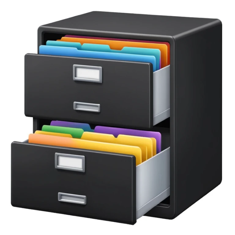 black filing cabinet with open bottom drawer with colorful folders sticker