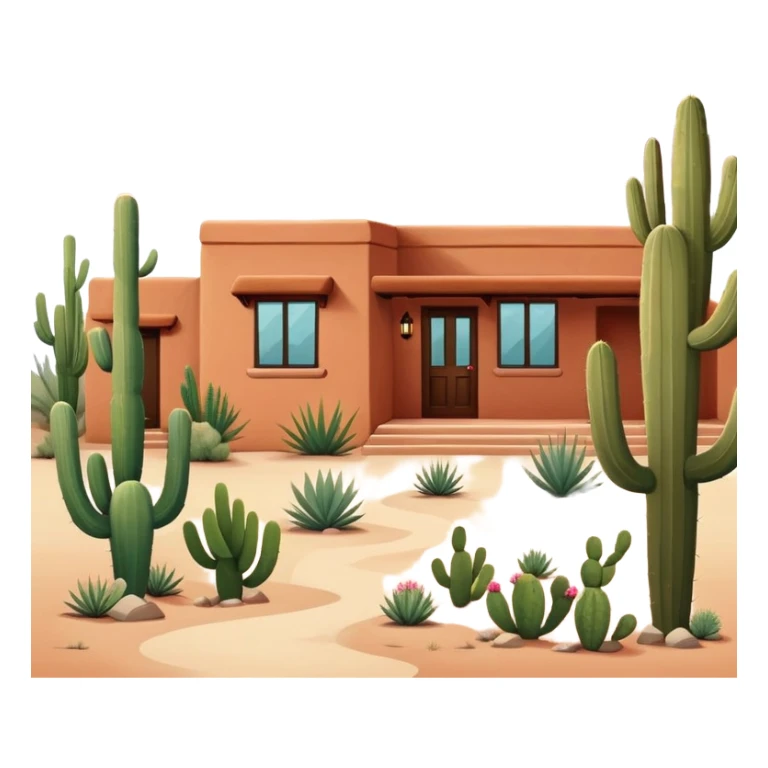 Tucson style house with adobe walls, flat roof, southwestern architecture, desert landscaping, cactus sticker