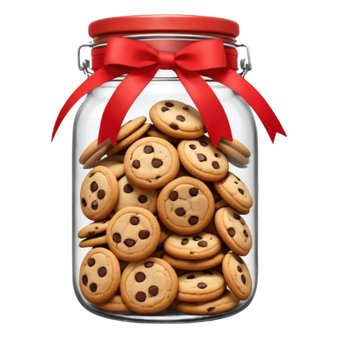 A chewy chocolate chip cozy cookie in an organized jar, saying "Cookie Jar" with some small illustrations on the jar to indicate there are cookies stored inside, a big red ribbon on the lid sticker