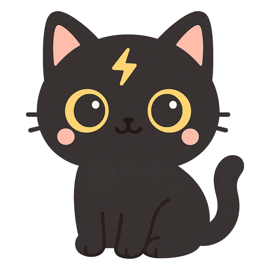 cute black cat with big yellow eyes, thunder scar on forehead like Harry Potter sticker
