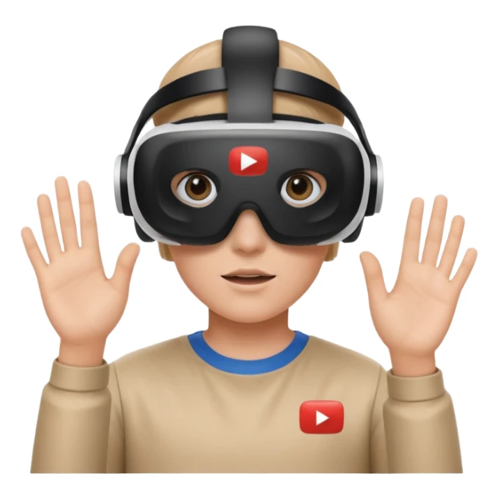 A person wearing a VR headset with the white YouTube play button logo on it sticker