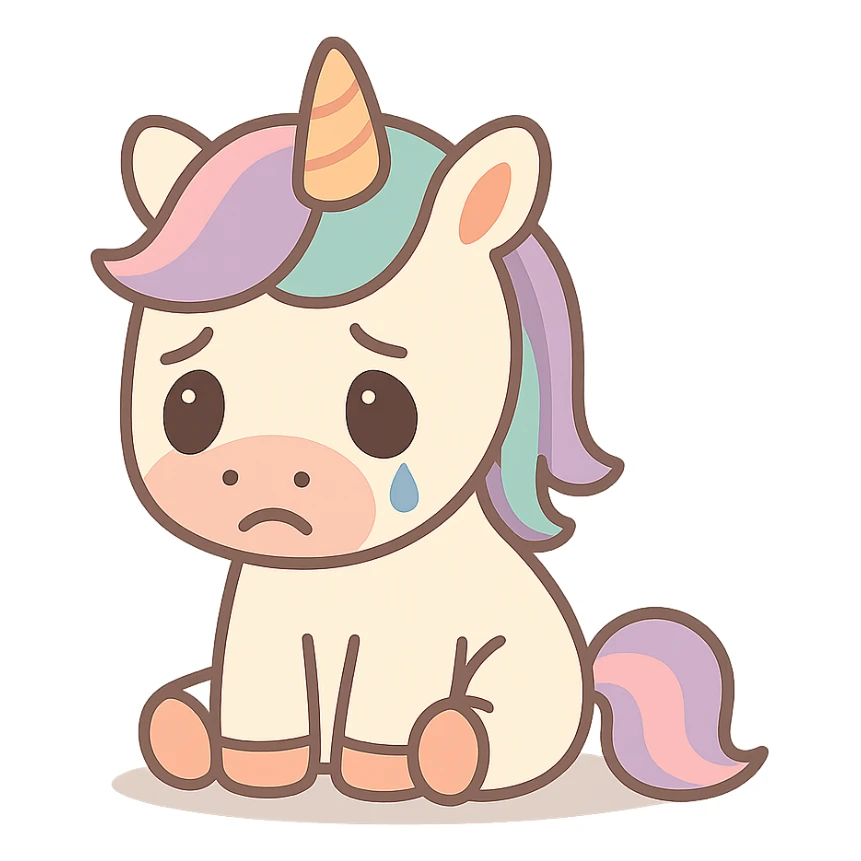 Remove the background, keep the depressed unicorn with slouched posture and a teardrop, pastel tones, transparent background. sticker