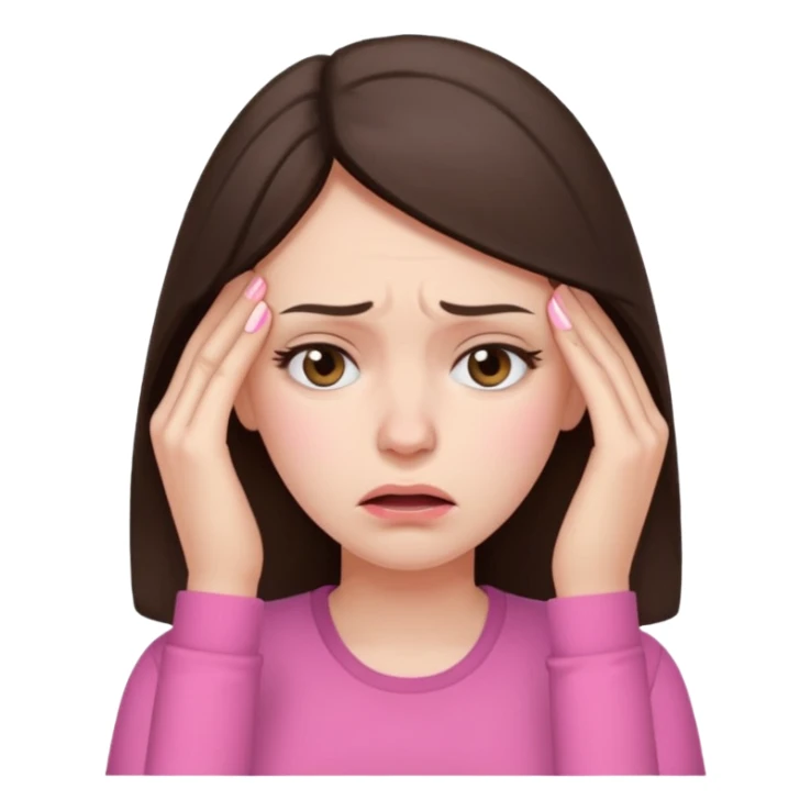 a female brunette with stress and headache wearing pink sticker