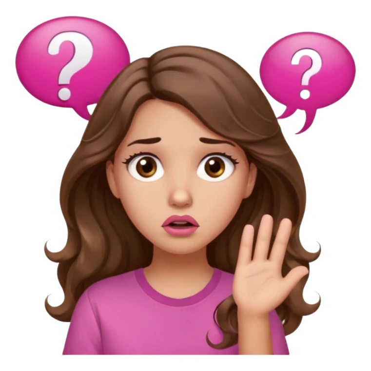 girl with long wavy brown hair, brown eyes, light to medium complexion, in a pink shirt, pink lips, long lashes, confused, question mark speech bubble sticker
