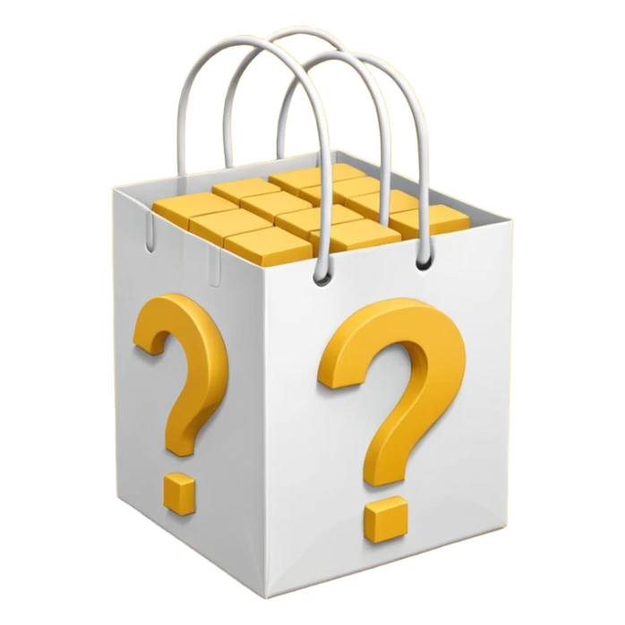 White bag with yellow questions mark cube boxes stuffed in it sticker