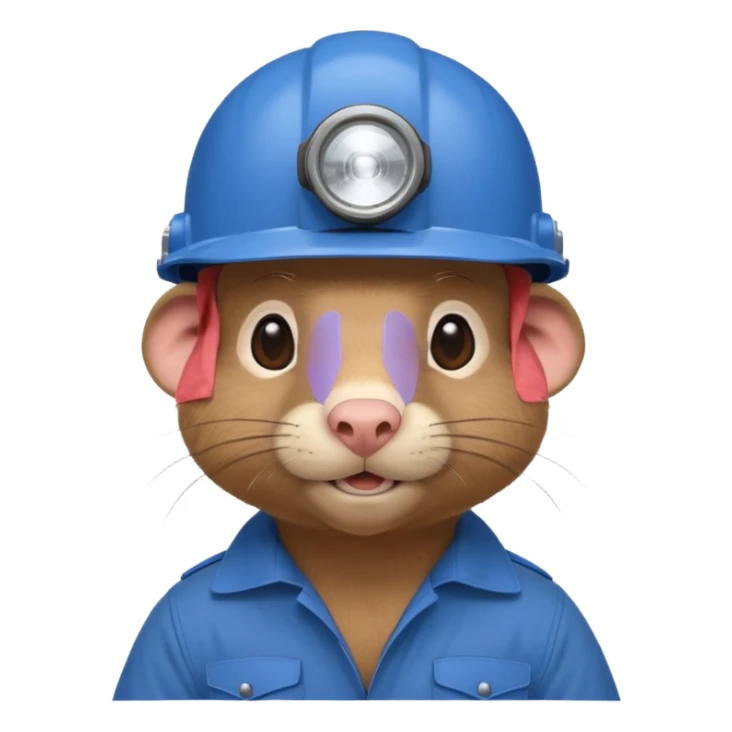 a mole rat, blue helmet, headlamp, BROWN worker cloth sticker