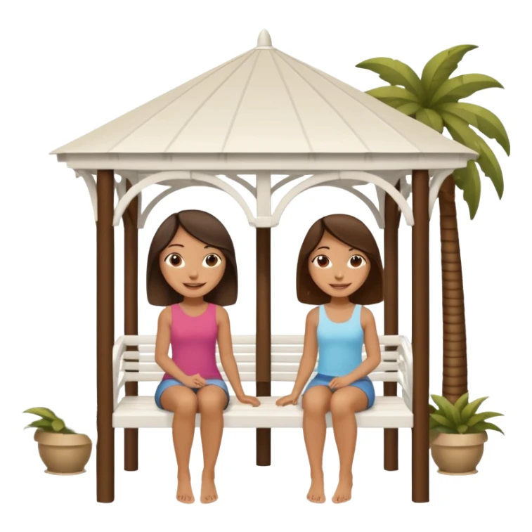 Two small brunette women sitting under a large white gazebo sticker