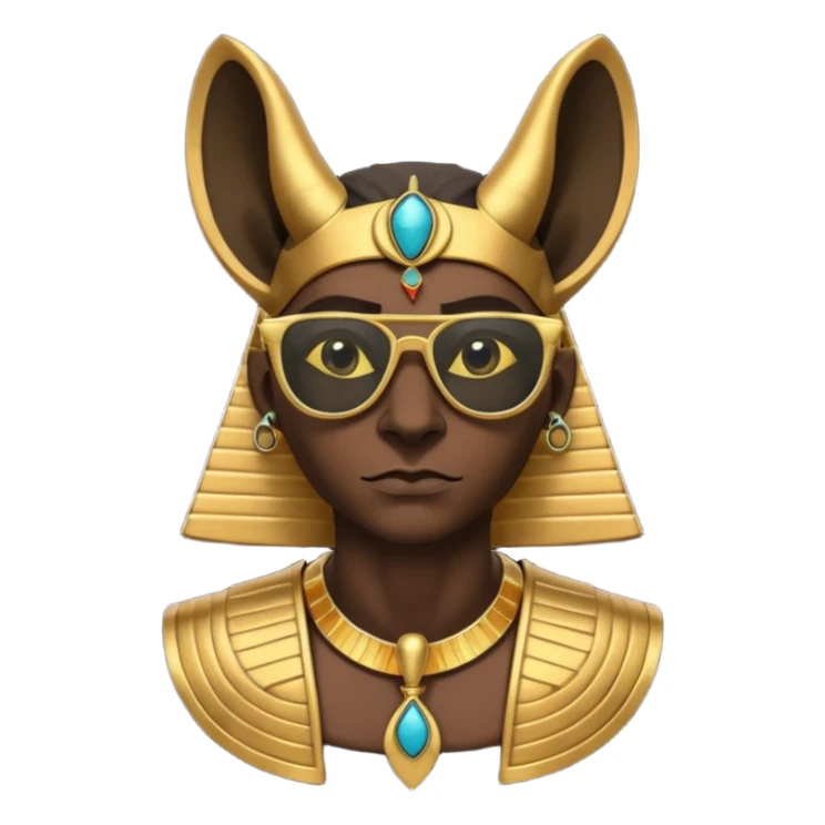 3D cartoon horned character portrait, wearing sunglasses, gothic ancient Egyptian style, pharaoh collar, dark gold and black outfit, ankh symbols, Egyptian jewelry, mysterious expression, soft dramatic lighting, centered, clean background, no text, no watermark sticker