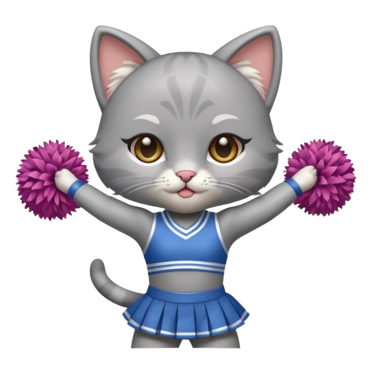 A cute chibi sleek grey cat cheerleader twirling pom-poms with confident energy. sticker