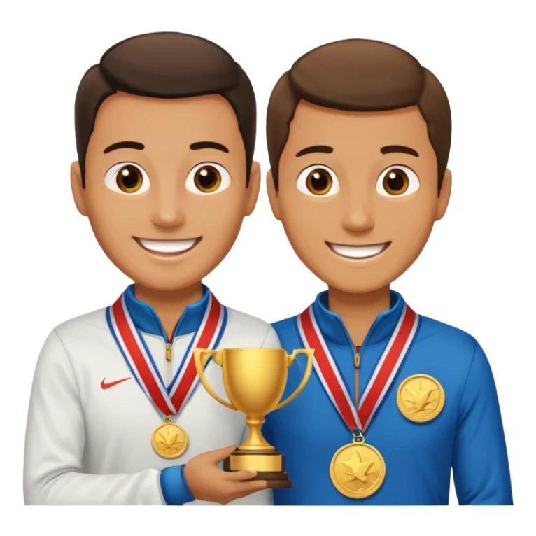 winner ceremony with one guy handing another guy a trophy. One having a medal around his neck sticker