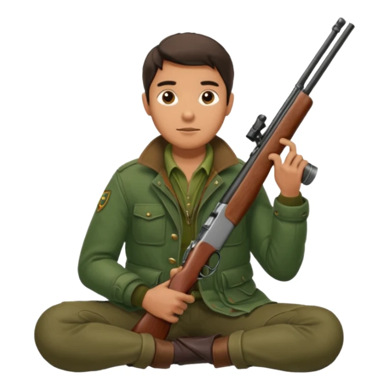 male hunter sitting with a shotgun across his lap, relaxed pose sticker
