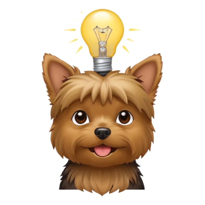 Yorkshire Terrier with a lightbulb above its head, symbolizing a smart idea, cheerful emoji style sticker