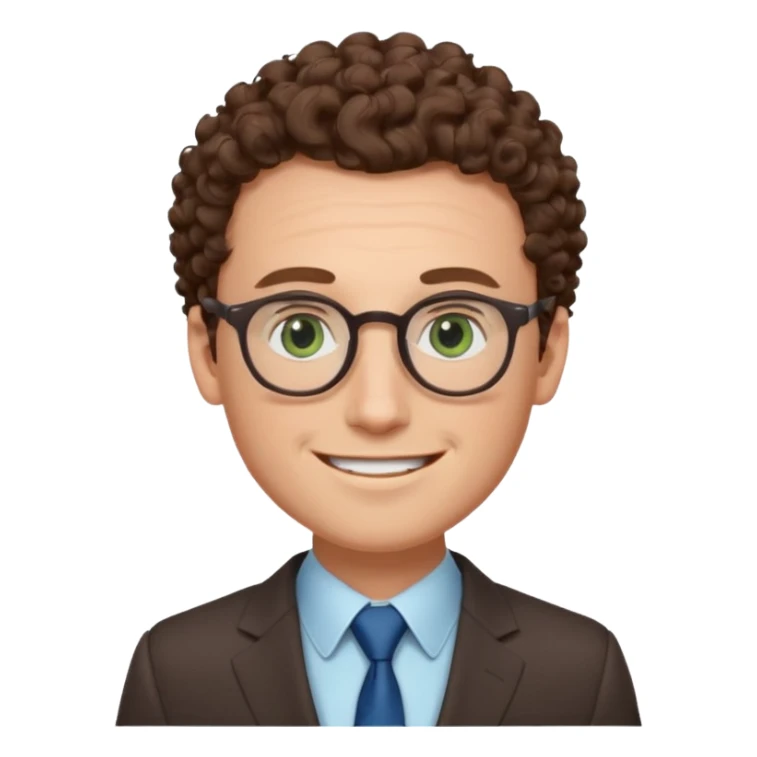 The face of a white man, with blue/green eyes, a large forehead, small and thin round glasses, curly brown hair, wearing a suit, and smiling sticker