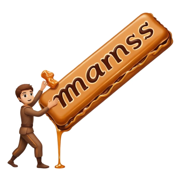 Create a cartoon-style Mars bar with gooey caramel stretching playfully. sticker