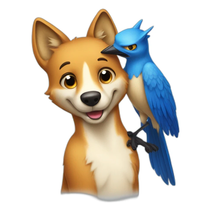 Anthropomorphic dingo giving an anthropomorphic blue bird a hug sticker