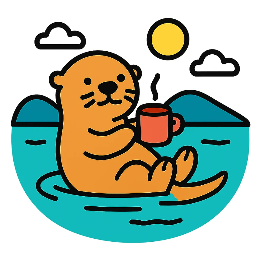 minimal flat icon style otter floating on a lake and drinking a coffee sticker