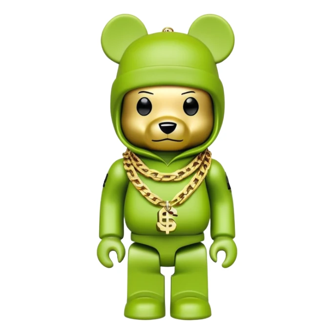 bearbrick with cube head in lime green balaclava tagged with multiple logos in graffiti style, wearing stacked gold chains, gold dollar sign pendant, luxury hip hop look sticker