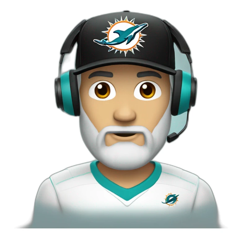white bearded man wearing a black cap and a headset with a miami dolphins t-shirts sticker