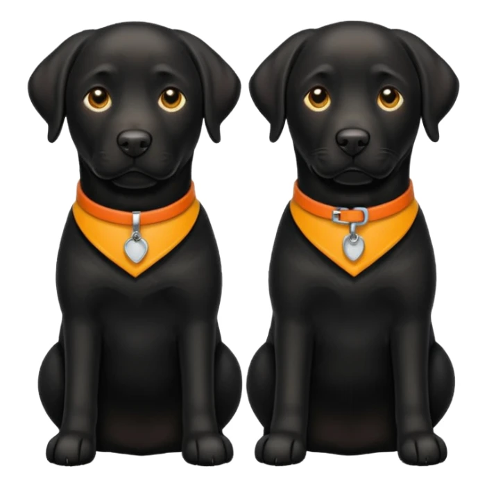 2 black labradors, yellow collar and orange collar sticker