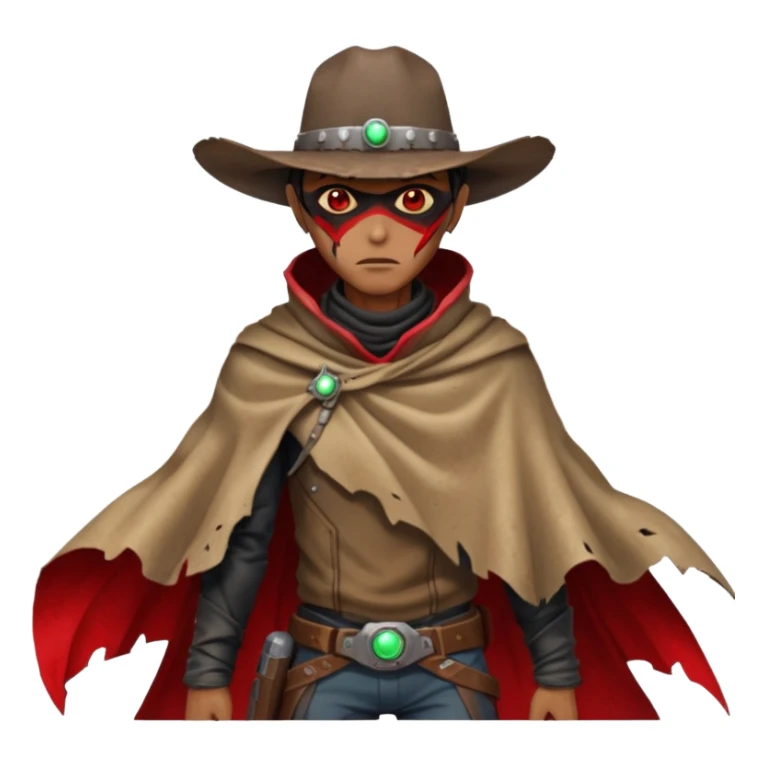 A rugged alien outlaw cowboy with scars and glowing red eyes, torn futuristic poncho, standing in a deserted alien town, dust blowing through empty streets, moody shadows, gritty sci-fi western realism
 sticker