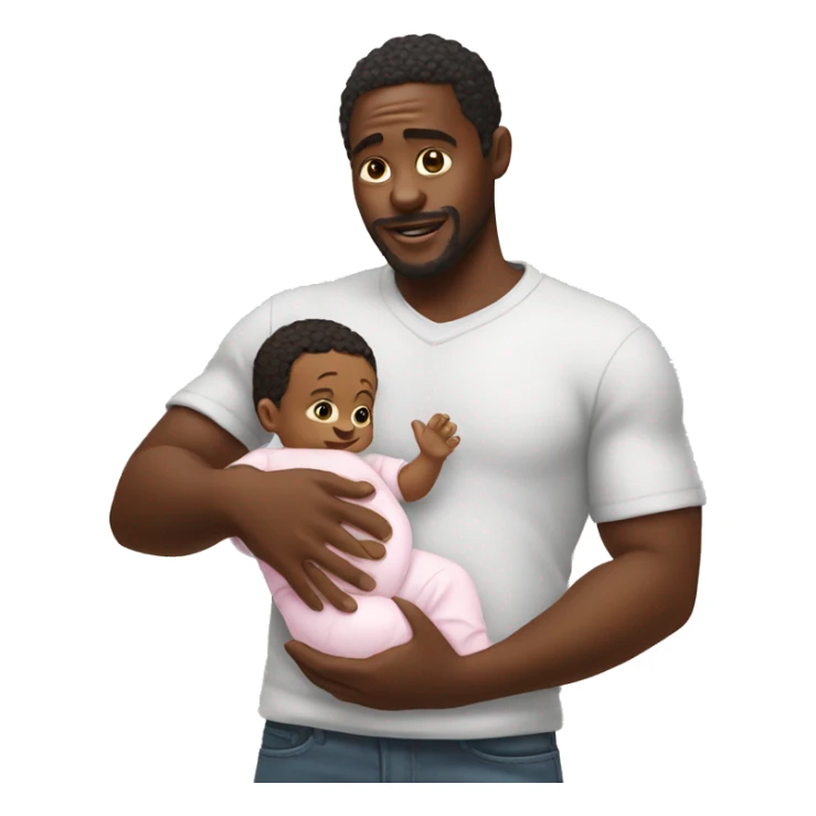 Black man holding baby oil and baby sticker